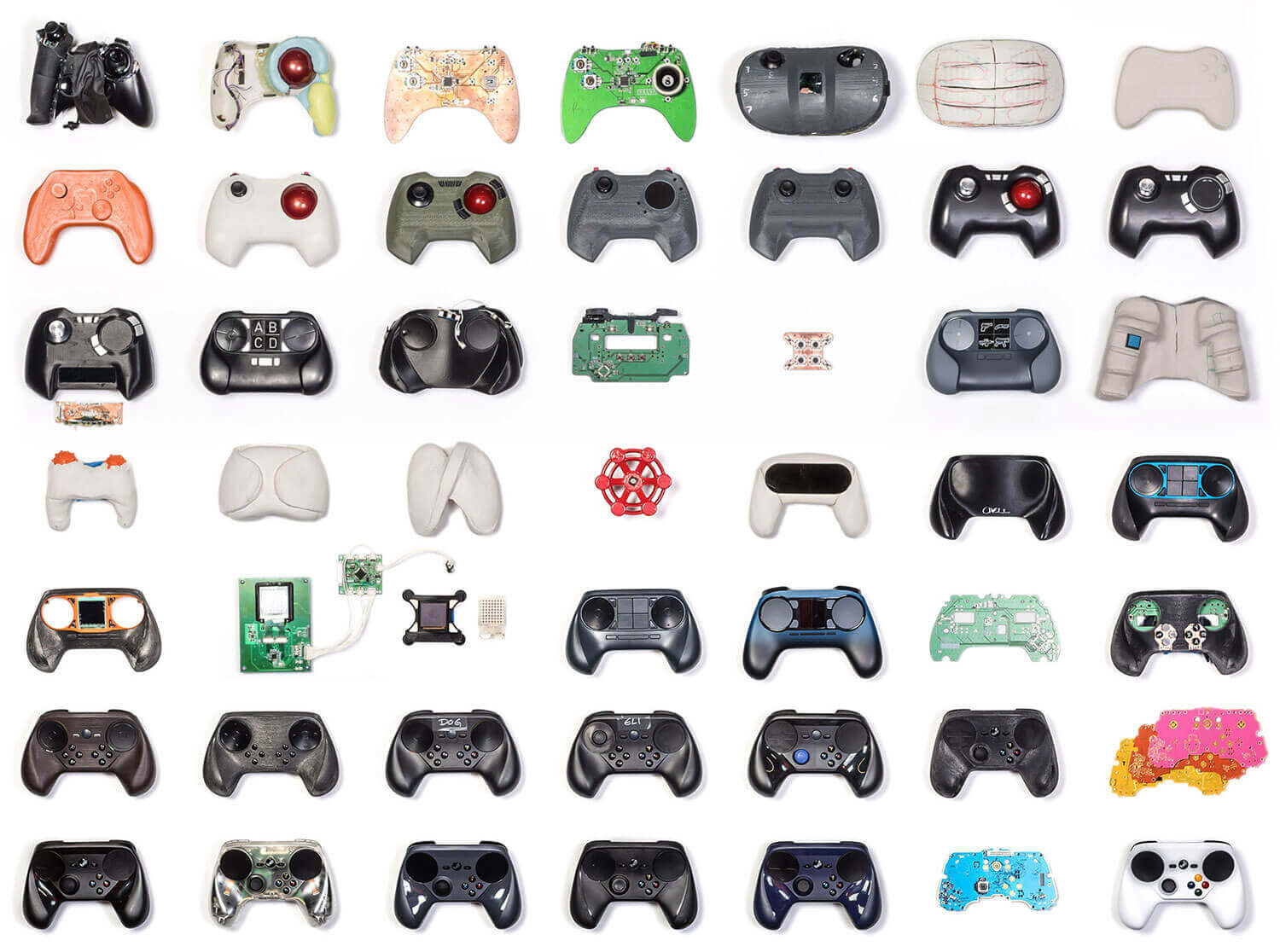 A grid of video game controller prototypes.