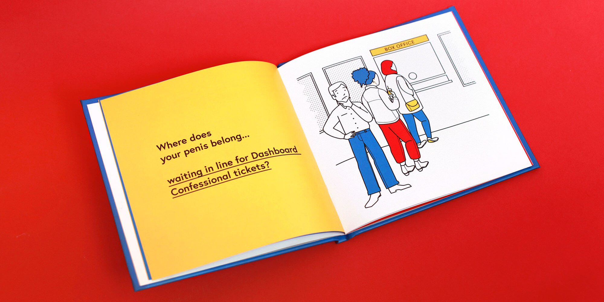 A photograph of the book 'Where Does Your Penis Belog?' open to the page where the character is deciding where his penis belongs while in line for concert tickets